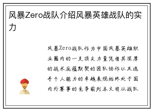 风暴Zero战队介绍风暴英雄战队的实力